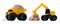 two small toy construction excavators with kinetic sand on white background.