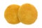 Two small vanilla wafer cookies on a white background