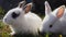 Two small white rabbits on green grass in spring