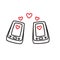 Two smartphones sending messages in the form of flying pink hearts. Linear vector illustration.