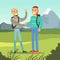 Two smiling best male friends meeting on a nature background, friendship concept vector Illustration