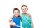 Two smiling child boy brothers holding mobile phone or smartphone selfie stick taking portrait photo