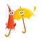 Two smiling funny umbrella characters, open and closed, saying hello