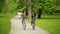 Two Smiling Girl with Dark Hair in Jackets and Jeans are Riding on the Bicycles Talking To Each Other. Front View of