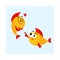 Two smiling golden fish characters, one showing love, another laughing