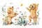 Two smiling golden retriever puppies dancing in a spring flower garden.