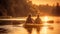 Two smiling people paddling canoe at sunset generated by AI