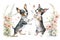 Two smiling rat terrier puppies dancing with spring flowers in a garden.