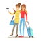 Two smiling tourists girl with suitcases standing and taking selfie photo on smart phone. People traveling colorful
