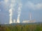 Two smoking chimneys of a power plant in the background behind the forest, as well as a tall chimney, do not smoke