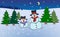 Two snowman and snowfall with landscape and moon