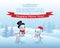 Two snowmen on winter background and ice text `Merry Christmas` and scarlet ribbon with text ` Happy New Year`