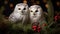 two snowy owls on a Christmas tree branch with a fir cone, against the backdrop of night lights, banner