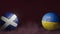 Two soccer balls in flags colors on a maroon abstract background. Scotland and Ukraine.