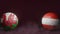 Two soccer balls in flags colors on a maroon abstract background. Wales and Austria