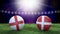 Two soccer balls in flags colors on stadium blurred background. England and Denmark. Semifinal.