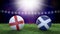 Two soccer balls in flags colors on stadium blurred background. England and Scotland.