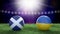 Two soccer balls in flags colors on stadium blurred background. Scotland vs Ukraine.
