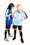Two soccer girls with ball.
