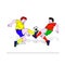 Two soccer players in blue and green shorts in a jump hit the