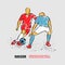 Two soccer players fighting for the ball. Forward and defender playing football. Vector outline of soccer player with
