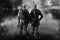 Two soldiers of a special unit are standing in a smoky forest.