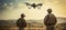 Two soldiers with their backs to the camera launch a full-size military combat drone into flight, ready for a critical