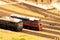 Two Soviet locomotives on the railway from a bird\\\'s eye view. Traffic pattern.