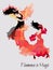 Two spanish girl danced a flamenco. Cute card or concert poster. Space for text