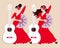 Two Spanish girls in long red dresses and with fans in their hands and white guitars on a beige background pattern