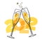 Two sparkling glasses of champagne. 2022 Merry Christmas and Happy New Year. Hand drawn retro style vector illustration