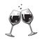 Two sparkling glasses of wine or champagne in vintage engraving style. Cheers icon. Retro vector illustration on white