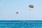 Two speed boats with people flying on parasailing parachute RHO