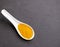 Two spoons with turmeric on black slate base. Healthy orange spice.