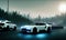 Two sports white cars on highway to night futuristic metropolis in fog