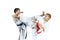 Two sportsman are training beat high kicks