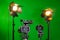 Two spotlights with Fresnel lenses, camcorder and SLR camera on a green background. Shooting in the interior with artificial light