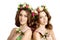 Two Spring women Young Girl flowers Beautiful model wreath brac