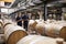 Two staff inspecting barrels in a wine factory warehouse