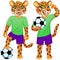 Two standing jaguars as the footballers in uniform with the soccer ball