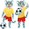 Two standing snow leopards as the footballers in uniform with the soccer ball