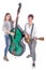 Two standing women with double bass and guitar