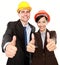 Two standing workers showing thumbs up