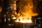 Two steelworkers pours liquid metal into molds from tank