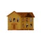 Two-storey house with broken roof and boarded-up windows. Old abandoned building. Architecture theme. Flat vector icon