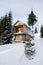 Two-storeyed wooden house concealed by snow