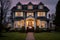 two-story colonial house, symmetrical windows highlighted under twilight