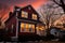 two-story colonial in sunset light, windows reflecting the crimson hue