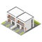 Two story connected cottage with flat roof isometric icon set