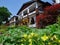 two story houses and colorful flowers in front yard